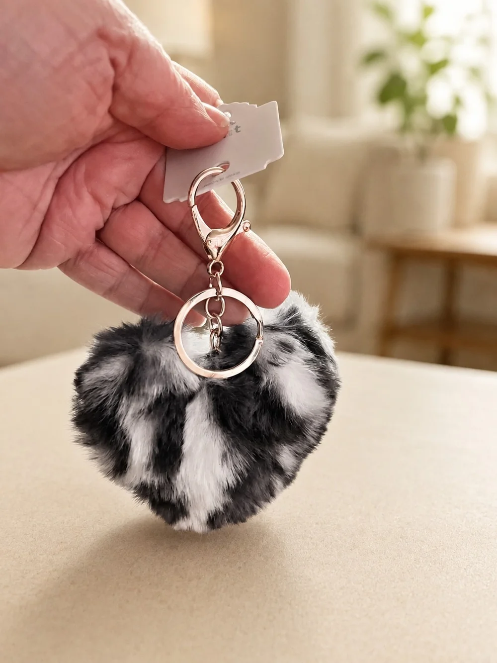 Mint Black & White Faux Fur Heart Keychain with Gold Ring